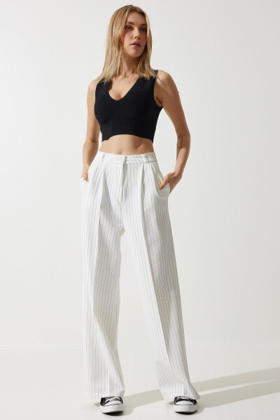 Happiness İstanbul Women's Broken White Thin Striped Masculine Palazzo Pants