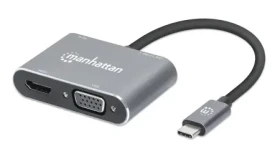 Manhattan USB-C 4in1 šedá / Adaptér / HDMI 4K + VGA / USB-A 3.2 / Power Delivery 87W (130691)