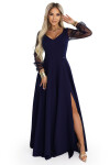 640-3 LORETTA jedinečné dlouhé šaty s tylovými rukávy a výstřihem - tmavě modré XXL