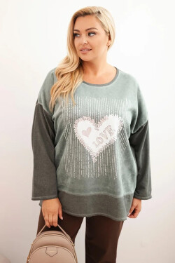 Dámská mikina Plus Size bavlněná s potiskem srdce a šňůrkami khaki UNI