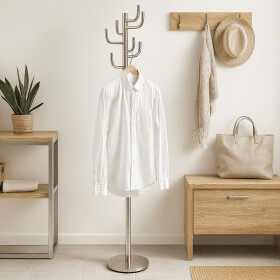 Věšák stojanový, kovová konstrukce, broušený nikl, výška 175 cm, nosnost 10 kg