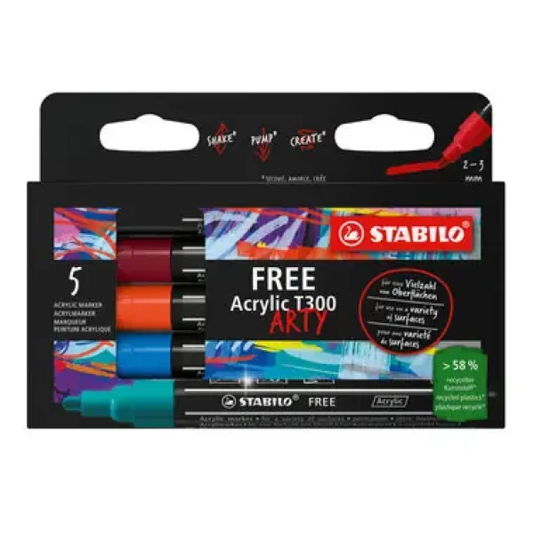 STABILO® FREE Acrylic - T300 Kulatý hrot 2-3 mm - Urban - 5 ks sada s 5 různými barvami (692/5-01)