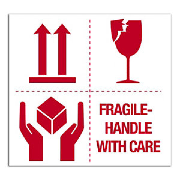 Výstražné etikety, 100x100mm, 4 symboly, FRAGILE / HANDLE WITH CARE