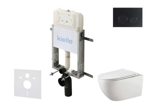 Kielle - Genesis New Set předstěnové instalace, klozetu Gaia, Rimless, sedátka softclose a tlačítka Gemini New II, matná černá 30528SZ15