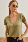 Olalook Women's Khaki Deep Neck Modal Button T-Shirt