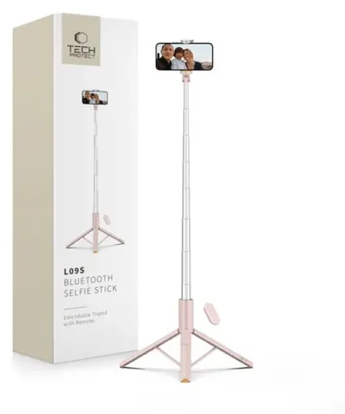 Tech-Protect L09S růžová / Selfie tyč / Stativová funkce / Bluetooth dálkové ovládání / Teleskopická 146 cm (5906302330898)