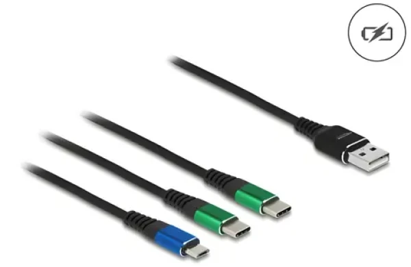 Delock USB-A 3v1 černá, modrá, zelená / Nabíjecí kabel / Micro-USB, USB-C / 3 A / 1 m (87882)