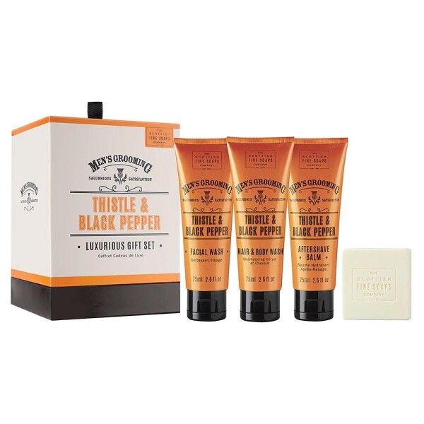 SCOTTISH FINE SOAPS Pánská kosmetická sada Thistle & Black pepper, oranžová barva, papír