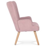 Křeslo "ušák" s podnožkou, potah starorůžová látka, nohy masiv kaučukovník