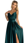299-9 CHIARA elegantní maxi dlouhé saténové šaty bez ramínek - BOTTLE GREEN XL