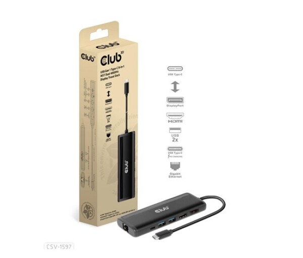 Club 3D Dokovací stanice USB-C 8v1, 1xDP, 1xHDMI, 1xUSB-C PD100W, 2xUSB, čtečka SD karet, šedá EDF_795216