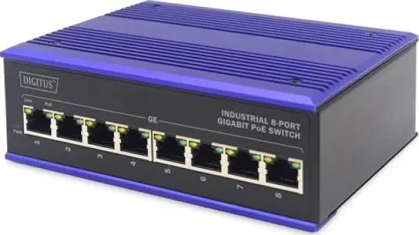 Digitus Switch Ind. modrá / Switch / Průmyslový / 8x Gigabit / PoE 240W / Unmanaged / DIN lišta (DN-651121)