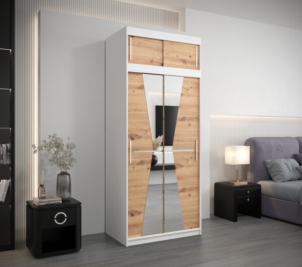 Šatní skříň Abi Ma s nástavcem Barva korpusu: Bílá, Rozměry: 100 cm, Dveře: Dub artisan