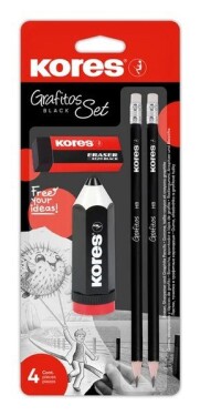 Kores Grafitos Black SET – ořezávátko, 2 tužky, pryž