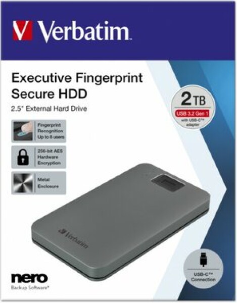 Verbatim Executive Fingerprint Secure 2TB šedá / Externí HDD / 2.5/ USB 3.2 Gen 1 / čtečka otisku prstů (53653)