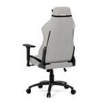 Herní křeslo, stříbrná látka, houpací mechanismus, polohování opěradla 90°-180°, 3D područky, polštáře z paměťové pěny,