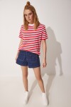 Happiness İstanbul Women's Red White Striped Cotton Knitted T-Shirt
