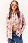 Olalook Women's Ecru Pale Pink Single Pocket Thick Plaid Lumberjack Shirt