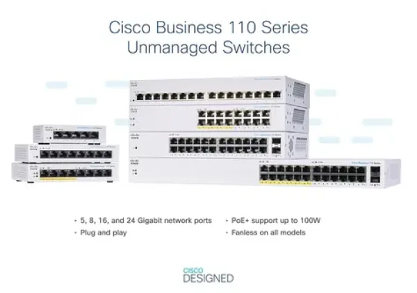 Cisco CBS110-16PP-EU / Switch / 16x Gigabit RJ-45 / 8x PoE 64W / Unmanaged (CBS110-16PP-EU)