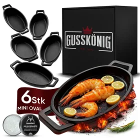GUSSKÖNIG Sada oválných mini litinových pánviček 6× 11,7 cm / Sada litinových pánviček / vypálené / do trouby i na gril (GK-52)