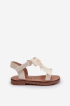 Lakované dětské sandálky s mašlí na suchý zip světle béžové Joratia 23