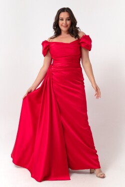 Lafaba Women's Red Boat Neck Train Long Satin Evening Dress & Prom Dress