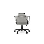 Herní křeslo, stříbrná látka, houpací mechanismus, polohování opěradla 90°-180°, 3D područky, polštáře z paměťové pěny,