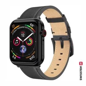 SWISSTEN Kožený řemínek pro Apple Watch 42/44/45/49mm černá / černá spona a černé poutko (46000811)