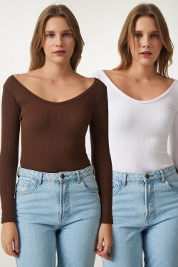 Happiness İstanbul Women's Brown White V Neck 2-Pack Knitted Blouse