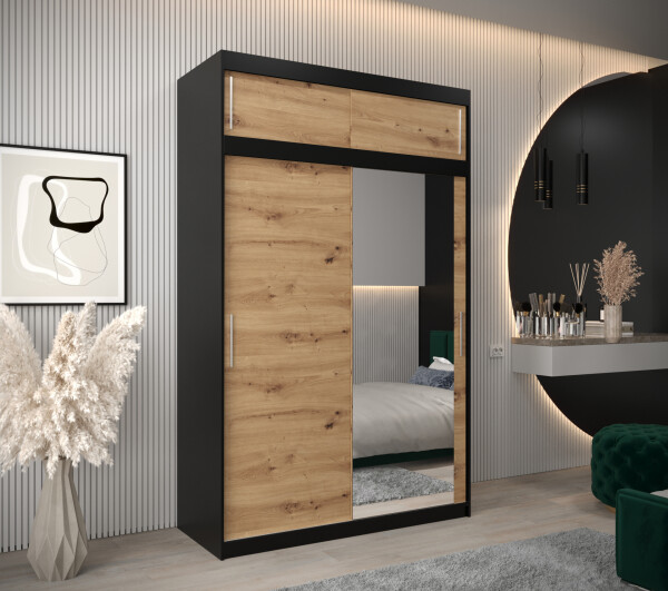 Šatní skříň Abi T2 s nástavcem Barva korpusu: Černá, Rozměry: 150 cm, Dveře: Dub artisan