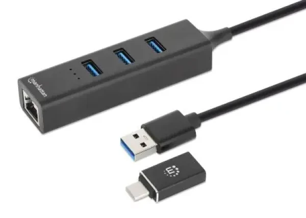 Manhattan Kombo-hub USB-C/USB-A s LAN adaptérem černý / USB hub / 3x USB-A 3.2 Gen 1 / Gigabit LAN / 5 Gbps (180894)