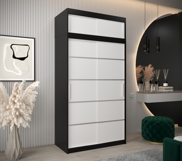 Šatní skříň Abi V1 s nástavcem Barva korpusu: Černá, Rozměry: 120 cm, Dveře: Bílá