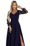 640-3 LORETTA jedinečné dlouhé šaty s tylovými rukávy a výstřihem - tmavě modré XXL