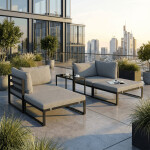 Zahradní set 2+1, stolek 75x30, multifunkční pohovka, kov antracit, světle šedá látka