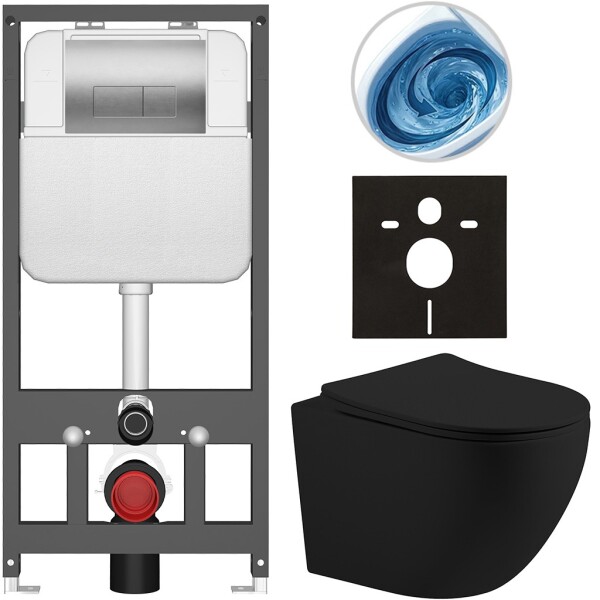 CERANO - Kompletní WC set Basic/Cesso - černá matná - WC tlačítko Modulo/Stříbrná - závěsné - předstěnová instalace - 49x36 CER-8050BD86238