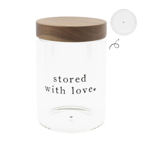 Bastion Collections Dóza s dřevěným víkem Stored with Love 18 cm nápis, sklo, dřevo