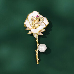 Luxusní brož Agnese - růže se zirkony a s perlou, Zlatá