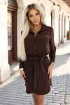 284-5 CAMILLE Košilové šaty s kapsami a vázáním - CHOCOLATE S