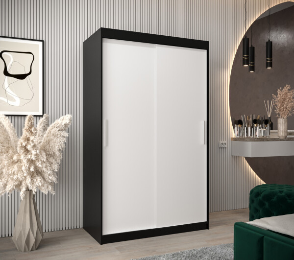 Šatní skříň Abi T0 s posuvnými dveřmi Barva korpusu: Černá, Rozměry: 120 cm, Dveře: Bílá