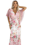 603-4 Vzdušné maxi šaty s obálkovým výstřihem a květinovým vzorem - PINK Roses UNI