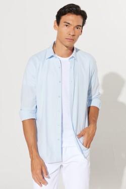 AC&Co / Altınyıldız Classics Men's Light Blue Slim Fit Slim Fit Oxford Buttoned Collar Linen Look 100% Cotton Flamed Shirt
