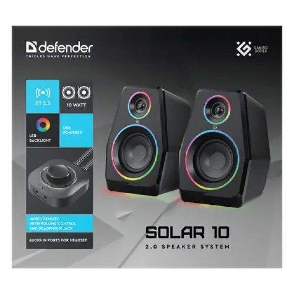 Defender Solar 10 černá / Reproduktory / 2.0 / 10W / RGB podsvícení / Bluetooth 5.3 (65940)