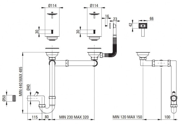 DEANTE - Sifon stainless nerez - Náhradní sifonová sada pro nerezový dřez, 1.5 - and 2 - bowl - 2" drain ZXY_9956