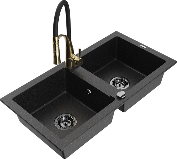 MEXEN/S - Mario granitový dřez 2-bowl včetně baterie Aster, černá/stříbrná metalik 6504-73-73450-57-B