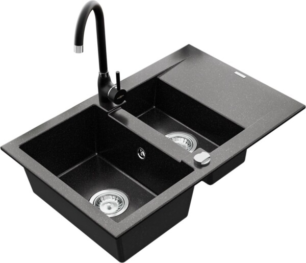 MEXEN/S - Gaspar granitový dřez 1.5 s odkapávačem včetně baterie Telma, černá/stříbrný 6507-73-670200-70