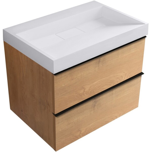 CERANO - Koupelnová skříňka Velora - dub medový, úchytka černá + umyvadlo z lit. mramoru Vita - bílá matná - 70x63x46,5 CER-8050BD84042