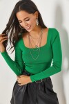 Olalook Grass Green Square Collar Basic Knitwear Blouse