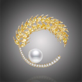 Brož s perlou a Swarovski Elements krystaly Nicola, Zlatá