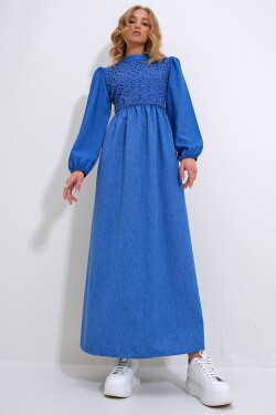 Trend Alaçatı Stili Women's Blue Stand Collar Crochet Braided Back Zipper Woven Dress