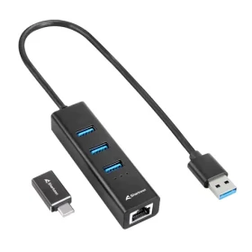 Sharkoon 3-Port USB 3.2 Gen 1 Alu Hub + Ethernet černá / 3x USB-A 3.2 / 1x RJ-45 (4044951037575)